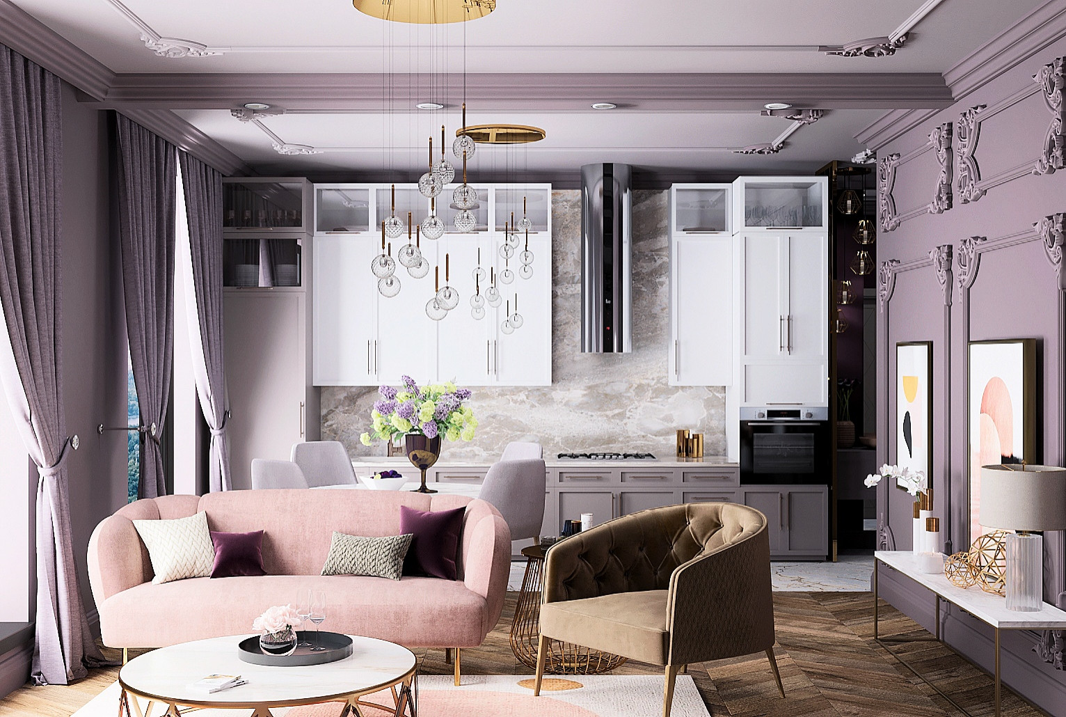 Совмещенная гостиная с кухней для молодой женщины