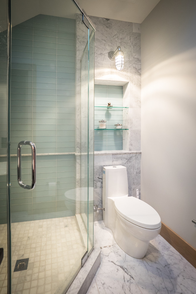 Design ideas for a mid-sized contemporary 3/4 bathroom in Philadelphia with open cabinets, a corner shower, a one-piece toilet, white tile, porcelain tile, white walls, marble floors, an integrated sink, engineered quartz benchtops, white floor and a hinged shower door.