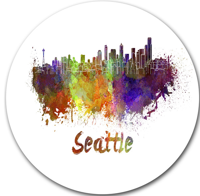 Seattle Skyline, Cityscape Round Metal Wall Art, Disc of 11 inch