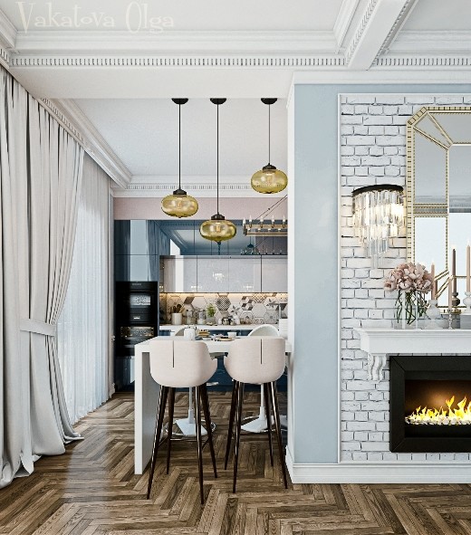 Интерьер   дома с панорамными окнами.