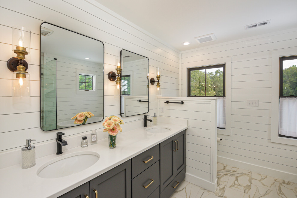 Inspiration for a country bathroom in Other with shaker cabinets, grey cabinets, white walls, an undermount sink, beige floor, white benchtops, a double vanity, a built-in vanity and planked wall panelling.