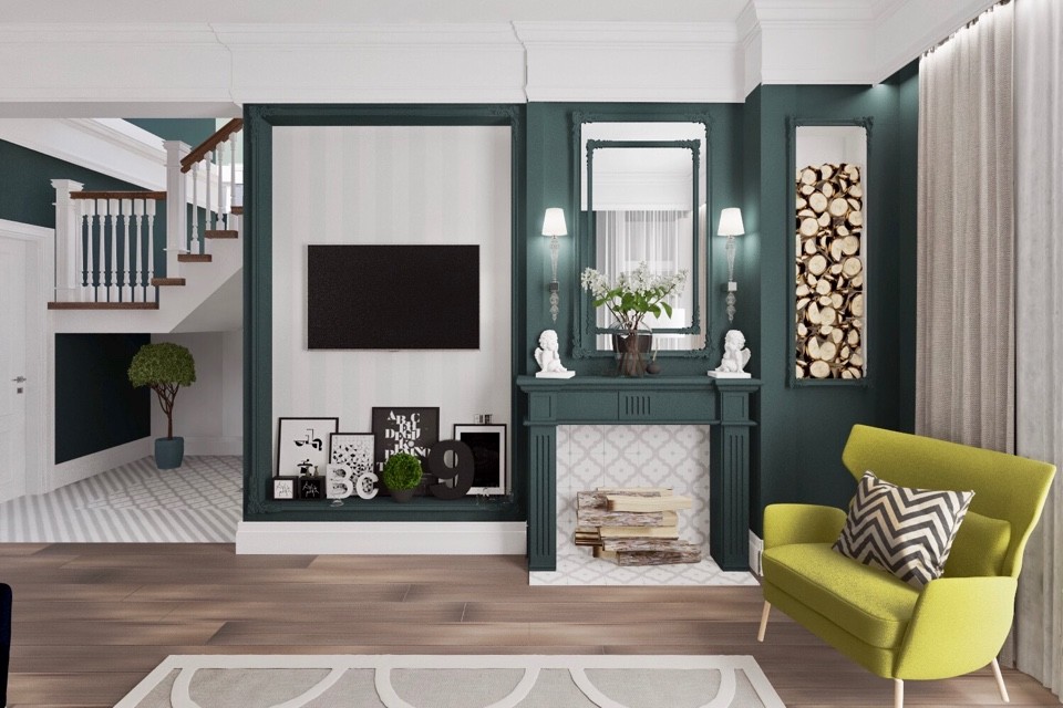 Дизайн гостиной и ванной комнаты в коттедже (Тополиная роща)