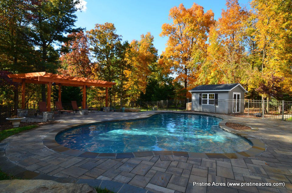 Example of a huge transitional backyard concrete paver and rectangular lap pool fountain design in DC Metro