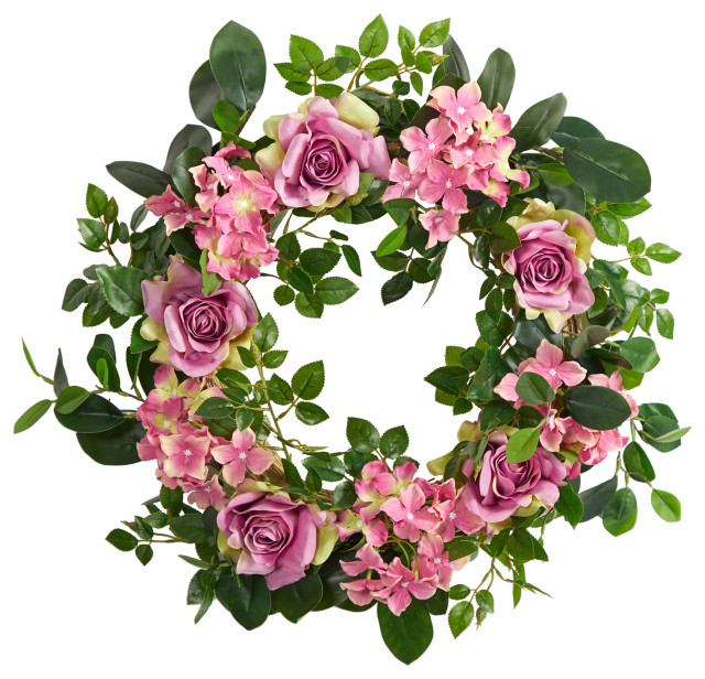 22" Pink Hydrangea and Rose Artificial Wreath Modern Wreaths And