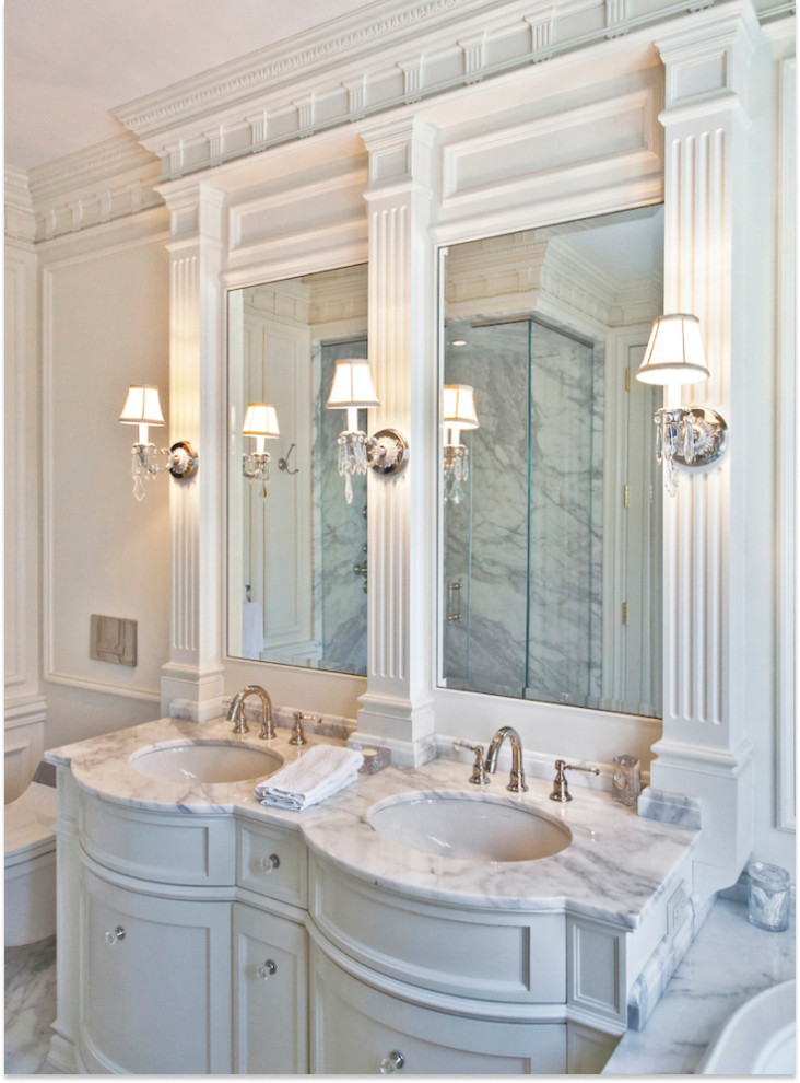 Inspiration for a mid-sized traditional 3/4 bathroom in New York with shaker cabinets, beige cabinets, a one-piece toilet, white tile, black walls, a drop-in sink, engineered quartz benchtops, white benchtops, a built-in vanity and a double vanity.
