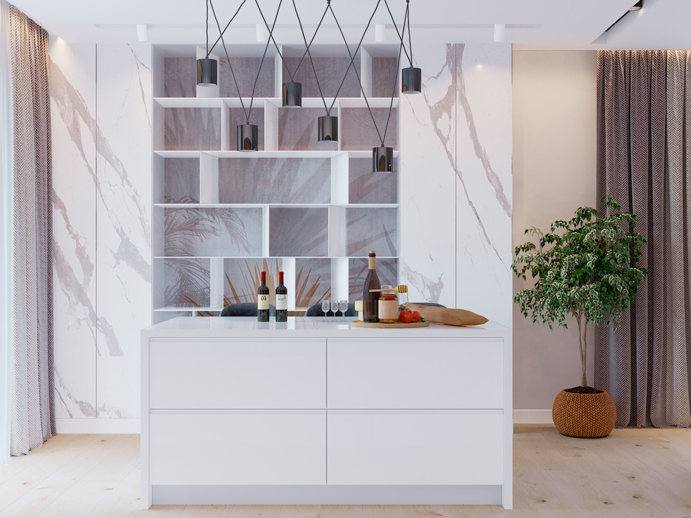 Белая кухня с островом в стиле модернизм