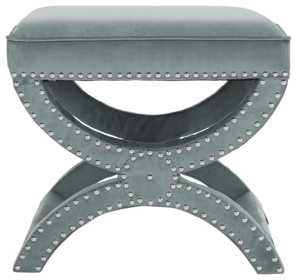 Trendy polyester and wood square and solid color ottoman photo with nailhead trim