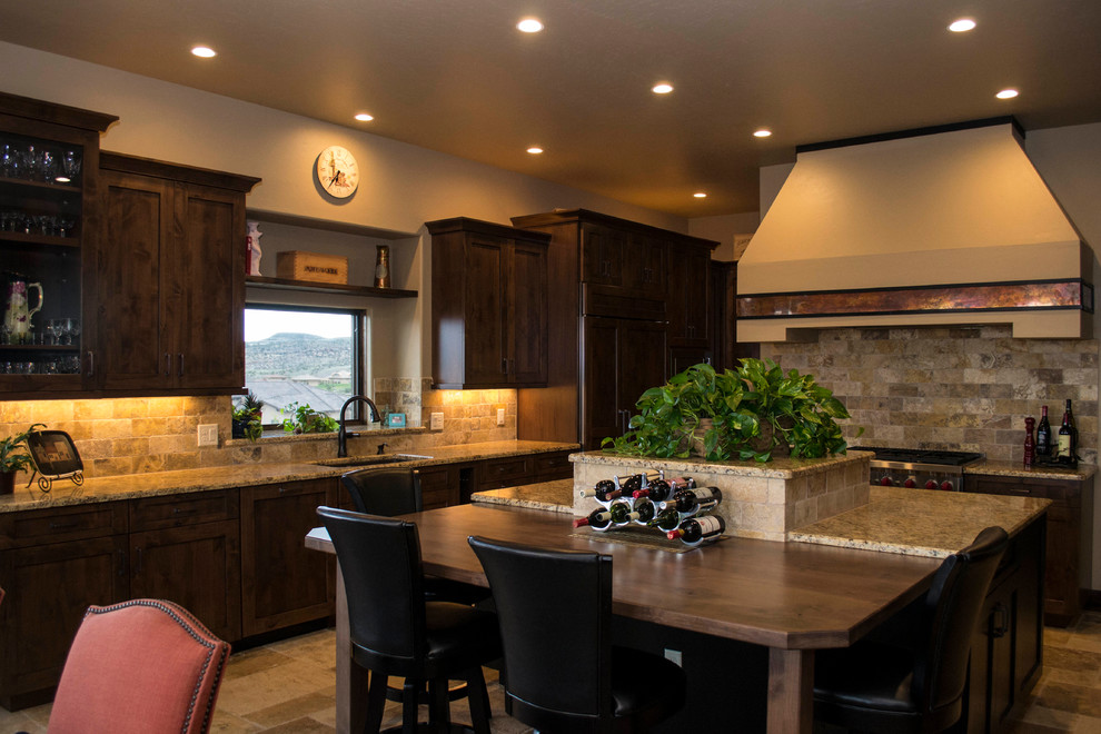 Eat-in kitchen - large transitional travertine floor eat-in kitchen idea in Denver