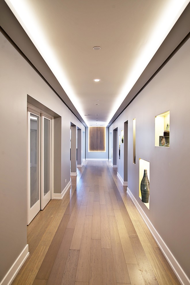 Design ideas for a large transitional hallway in Chicago with grey walls and bamboo floors.