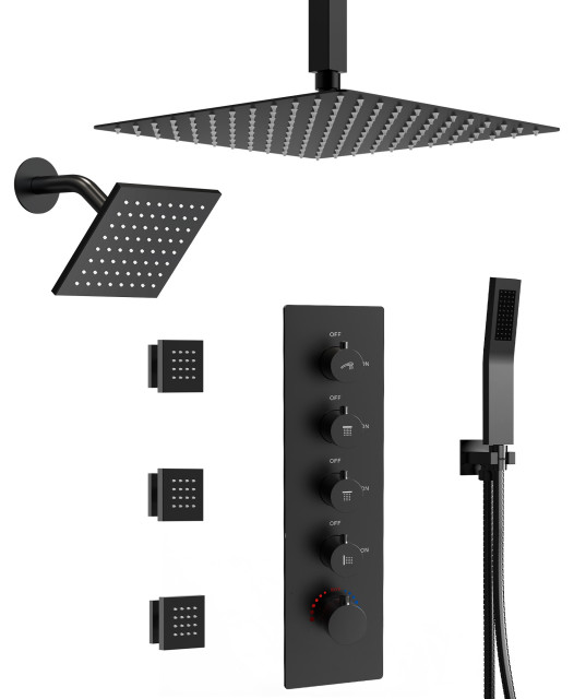Thermostatic Ceiling Mount Rainfall Dual Shower Head Shower System, 16 ... - Scandinavian Modern High-Head Shower System For Luxury