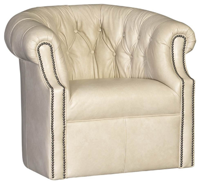 Leather Swivel Tufted Back Barrel Chair with Nickel Nail Heads