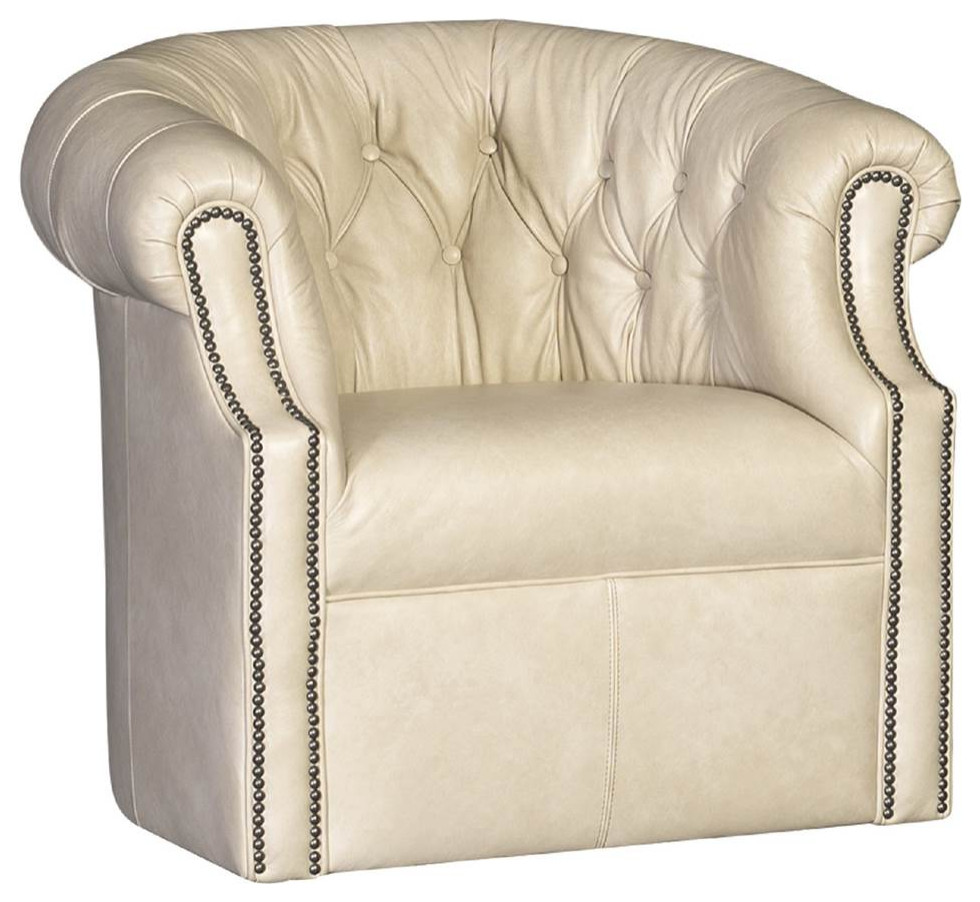 Leather Swivel Tufted Back Barrel Chair with Nickel Nail ...