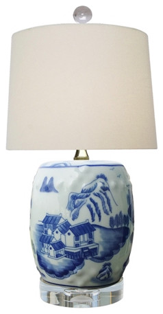 Blue & White Porcelain Canton Drum Lamp with Crystal Base