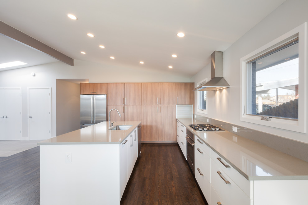 This is an example of a midcentury kitchen in Denver with an undermount sink, flat-panel cabinets, quartz benchtops and stainless steel appliances.