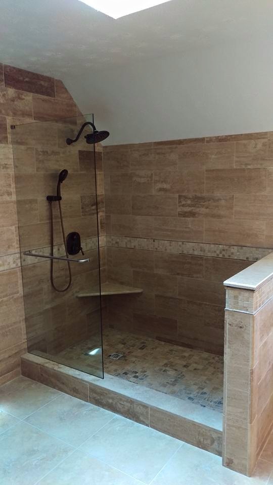 Corner shower - mid-sized transitional 3/4 brown tile and porcelain tile travertine floor corner shower idea with white walls