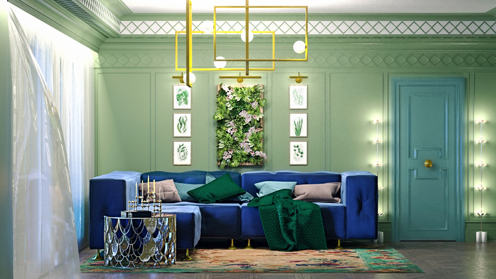 Классическая, зеленая гостиная с синим, бархатным диваном.