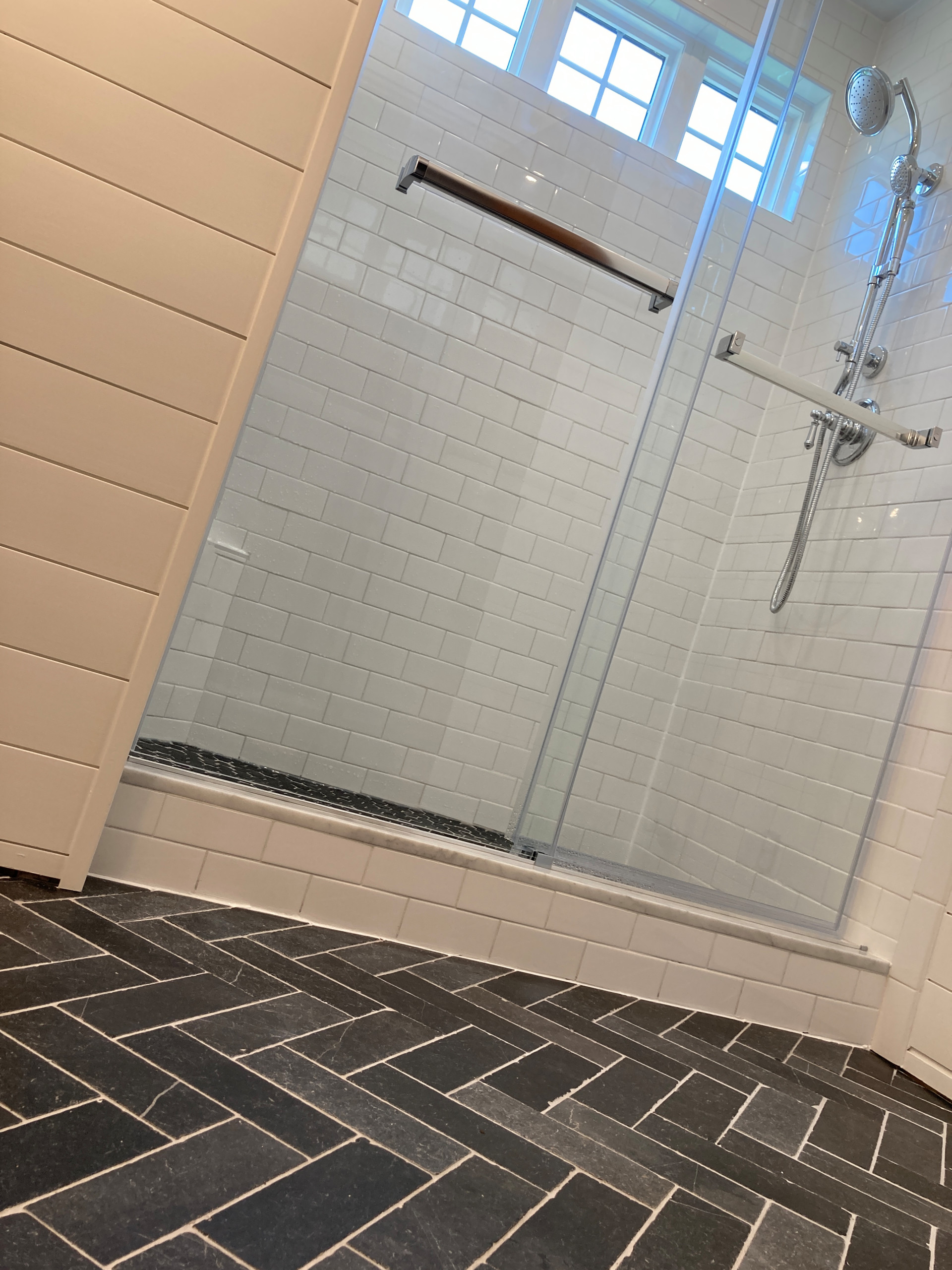 Subway tile shower and stone