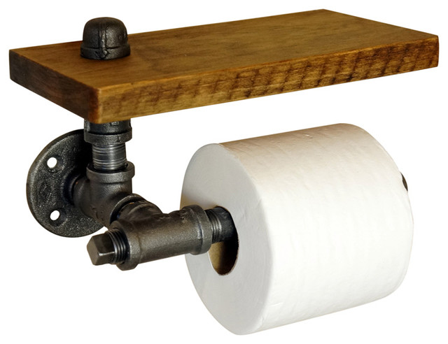 Wall-Mounted Pipe Design Toilet Paper Holder with Barnwood Gray Wood Shelf 