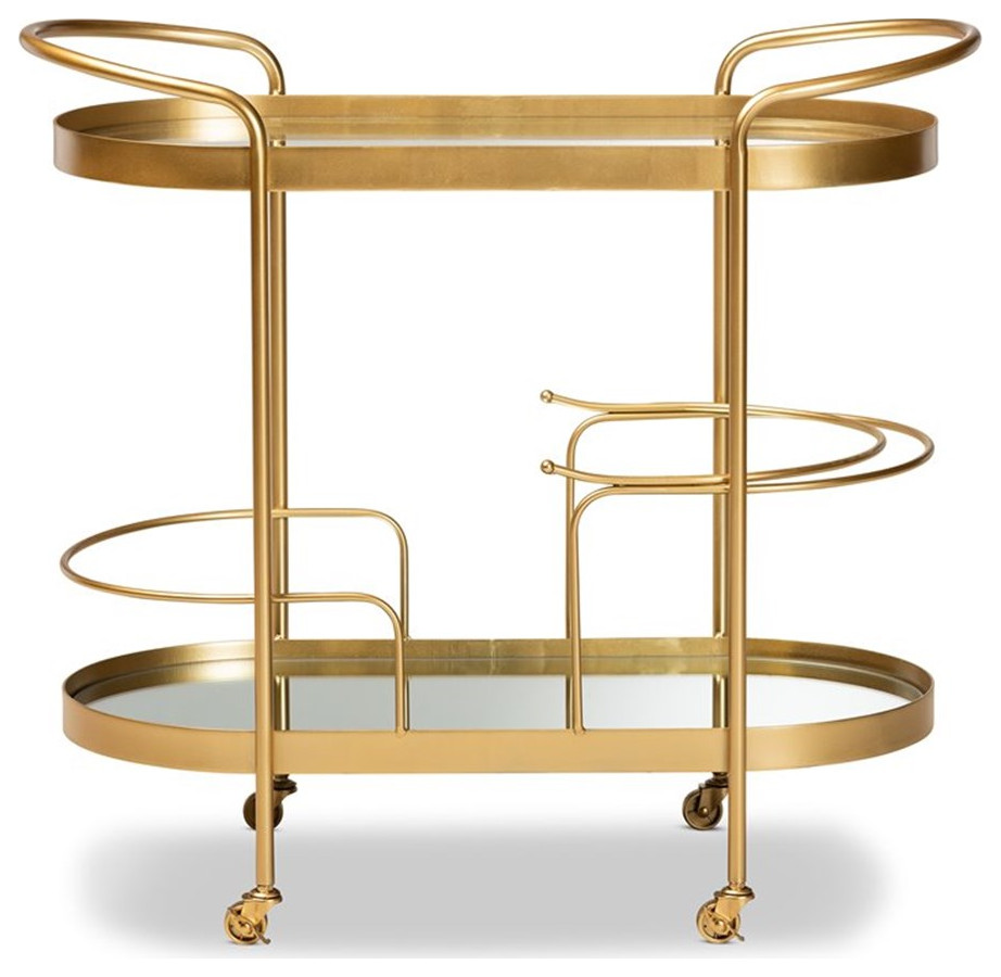 Bowery Hill Gold Finished Metal and Glass 2Tier Mobile Wine Bar Cart