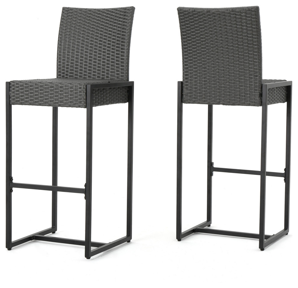GDF Studio Conrad Outdoor Patio Gray Wicker Barstools, Set of 2