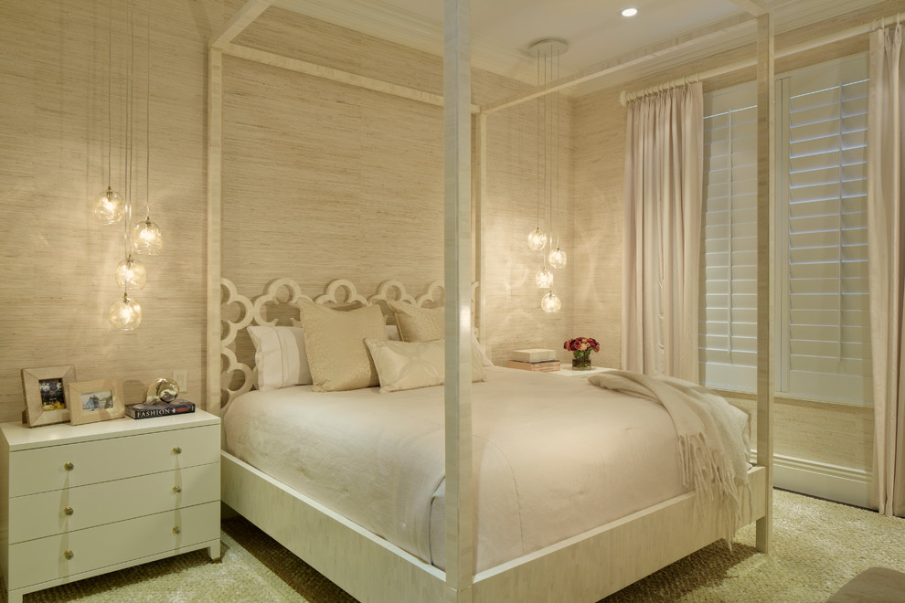 Inspiration for a mid-sized transitional master bedroom in Miami with beige walls, carpet and no fireplace.