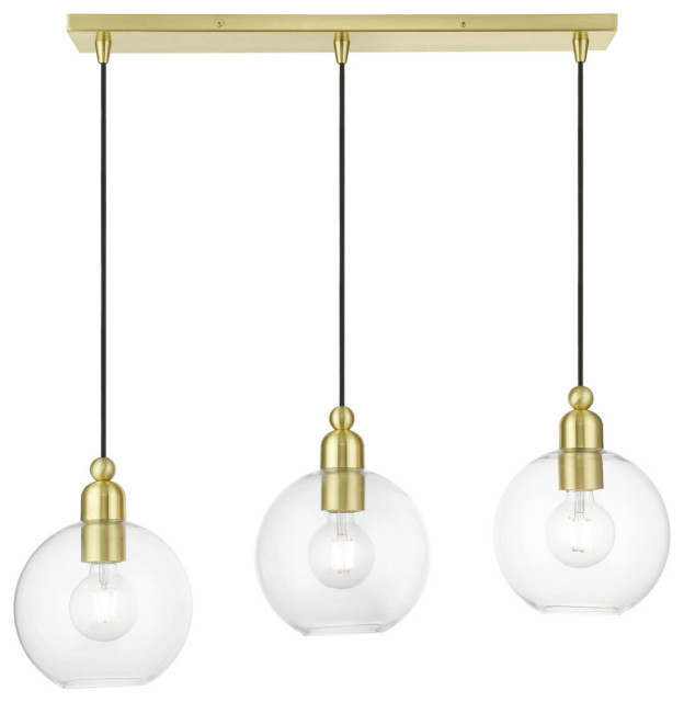 Downtown 3 Light Satin Brass Sphere Linear Chandelier Transitional