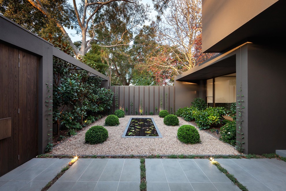 Inspiration for a mid-sized scandinavian garden in Melbourne with a water feature and gravel.