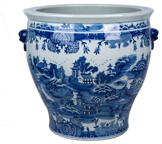 Mountain Pagoda Porcelain Planter Lion Handle Asian Indoor Pots And