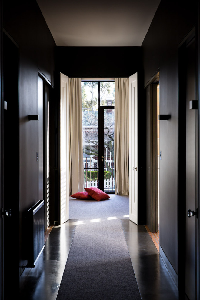 Photo of a large modern hallway in Other with black walls, carpet and brown floor.