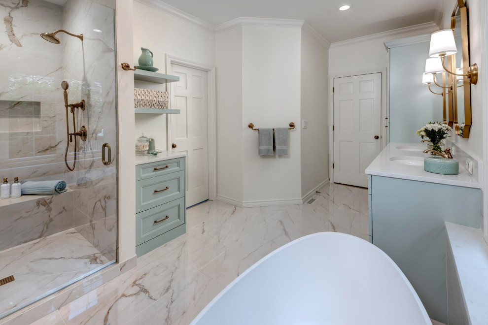 This is an example of a medium sized classic ensuite bathroom in Seattle with green cabinets, a freestanding bath, white tiles, porcelain tiles, white walls, porcelain flooring, engineered stone worktops, white floors, a hinged door, white worktops, a shower bench, recessed-panel cabinets and double sinks.