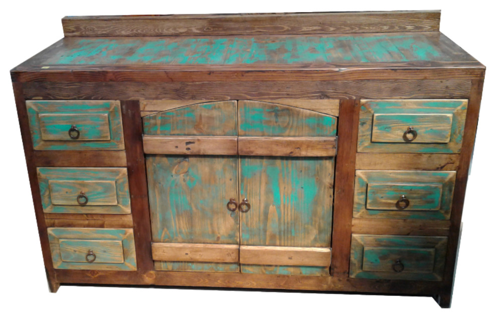 Crusaders Rustic Turquoise Arched Doors Bathroom Vanity, 72"x22"x36