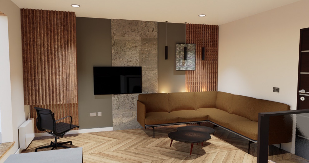 This is an example of a contemporary grey and black living room feature wall in London with beige walls, a wall mounted tv and panelled walls.