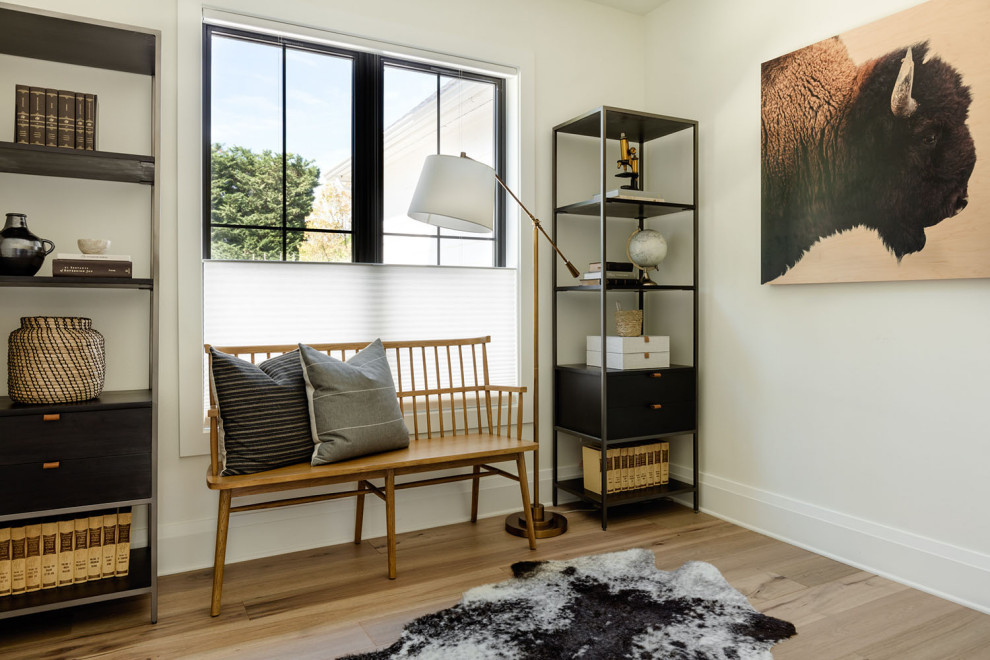 Foto de estudio contemporáneo de tamaño medio sin chimenea con suelo de madera en tonos medios y escritorio empotrado