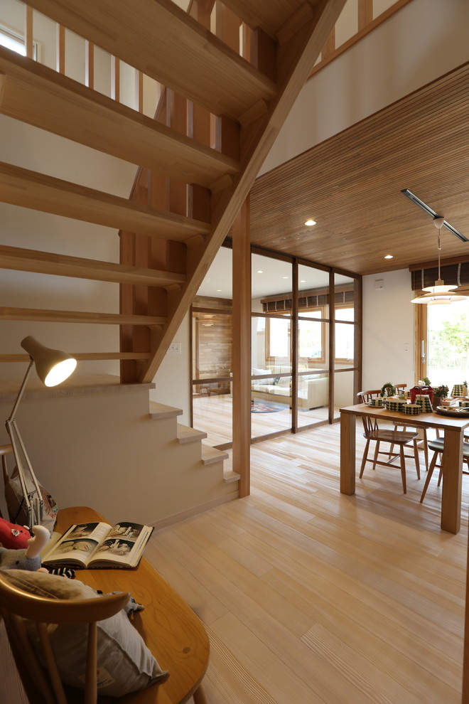 This is an example of a scandinavian wood u-shaped staircase in Other with open risers.