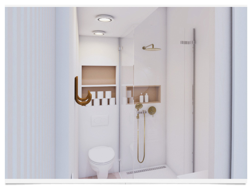 Inspiration för ett litet funkis beige beige badrum med dusch, med en kantlös dusch, en vägghängd toalettstol, rosa kakel, mosaik, vita väggar, cementgolv, ett fristående handfat, bänkskiva i akrylsten, rosa golv och dusch med gångjärnsdörr