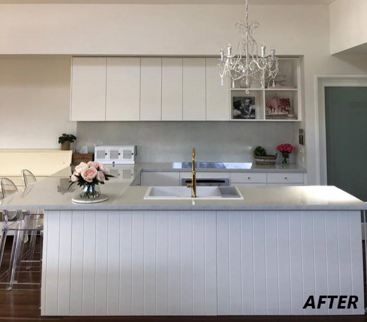 Photo of a mid-sized modern u-shaped eat-in kitchen in Melbourne with laminate benchtops, grey splashback and multi-coloured benchtop.
