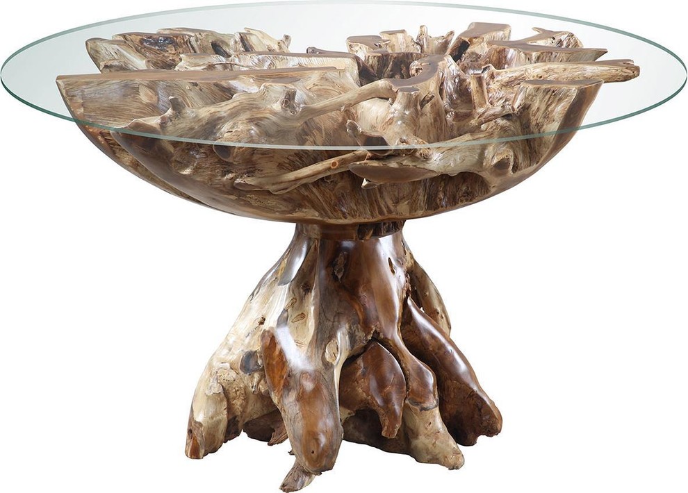 Dining Table Polished Nickel Glass Teak Root
