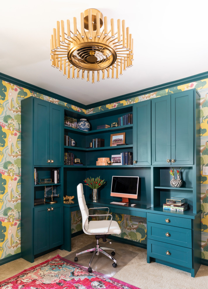 Design ideas for a small eclectic home office in Houston with wallpaper.