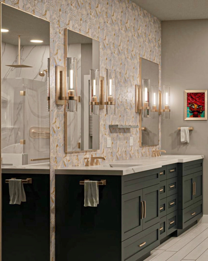 Design ideas for a mid-sized transitional master bathroom in San Francisco with black cabinets, a freestanding tub, a curbless shower, multi-coloured tile, marble, grey walls, wood-look tile, a drop-in sink, marble benchtops, grey floor, a hinged shower door, a shower seat and a built-in vanity.