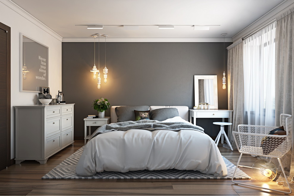 This is an example of a small contemporary guest bedroom in New York with grey walls, linoleum floors and no fireplace.