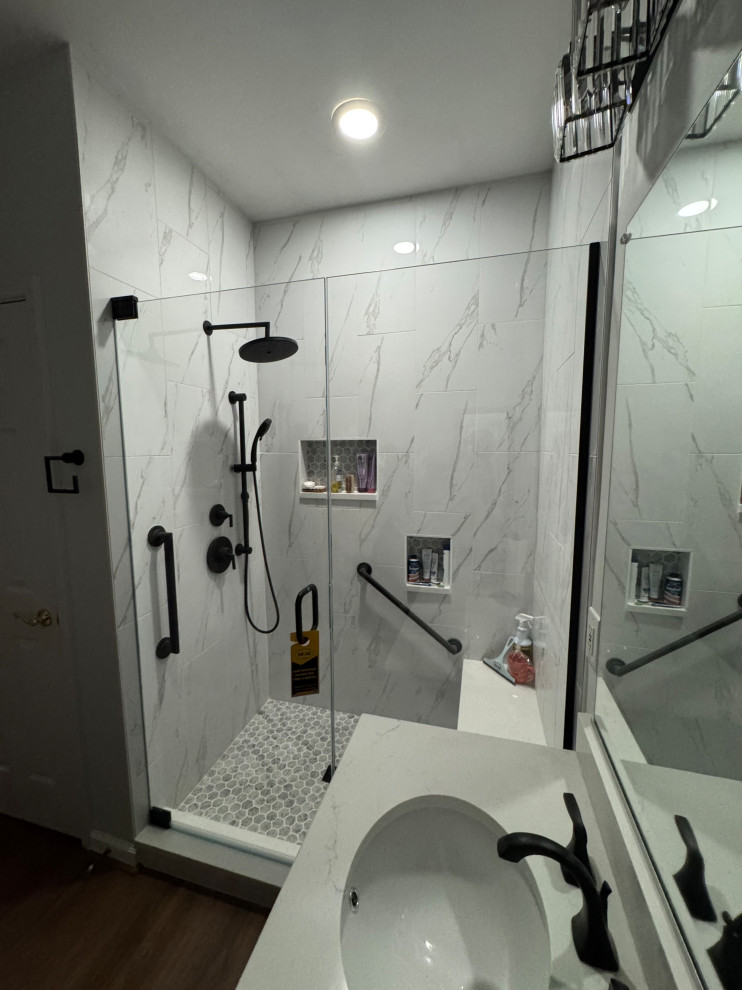 Beautiful Bathroom Renovation with Custom Walk-In Shower & Blue Vanity
