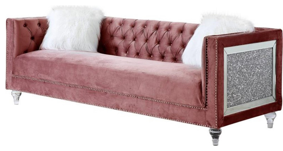 Bowery Hill Contemporary Velvet Upholstered Sofa with 2 Pillows in Pink