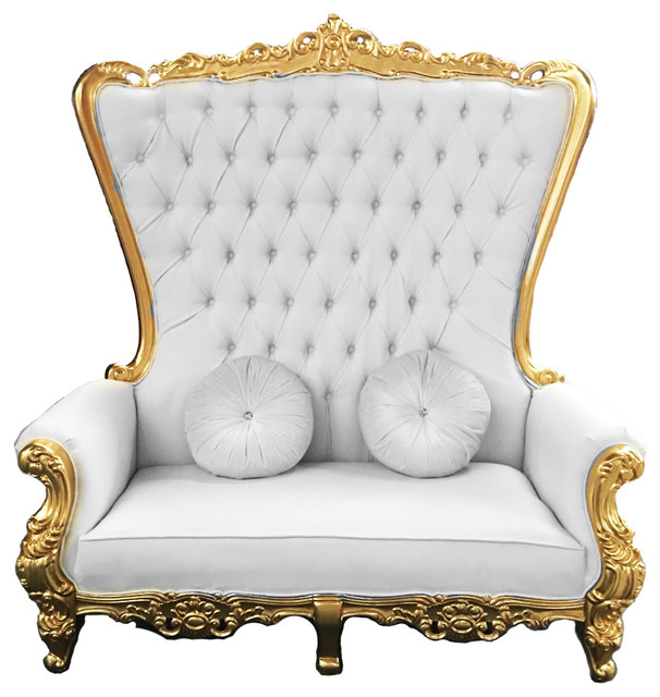 Double High Back Chair Queen Throne In White Leather And Gold Foil Double High Back Chair Queen Throne In White Leather And Gold Foil Frame