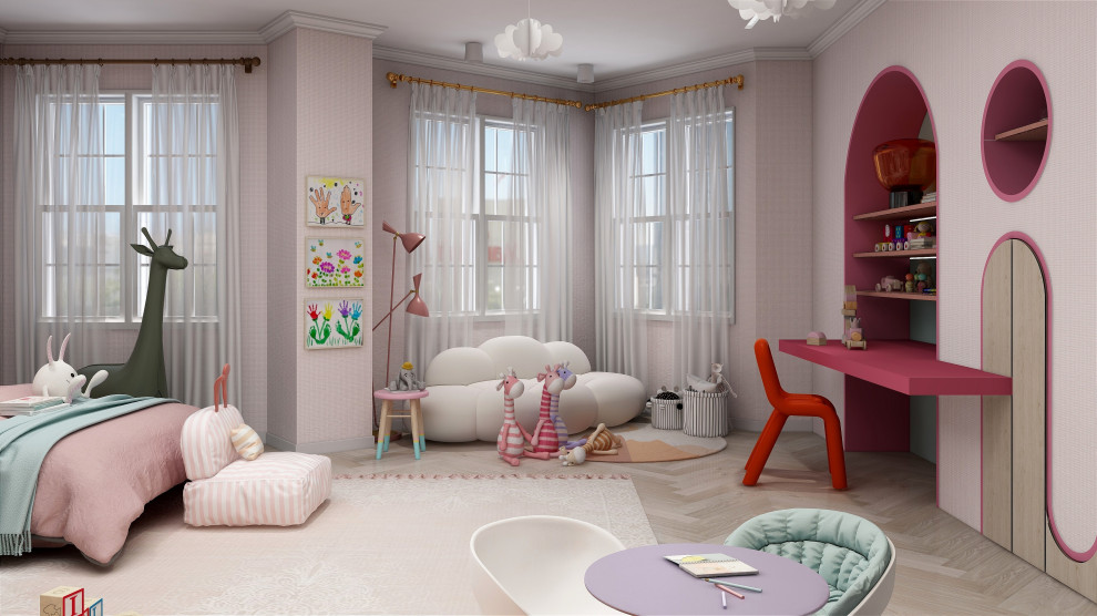 На фото: большая детская в стиле модернизм с спальным местом, розовыми стенами, светлым паркетным полом, бежевым полом, многоуровневым потолком и обоями на стенах для ребенка от 4 до 10 лет, девочки
