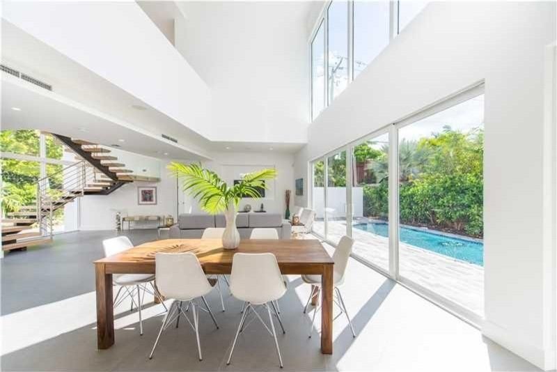 This is an example of a mid-sized modern kitchen/dining combo in Miami with white walls, ceramic floors and grey floor.
