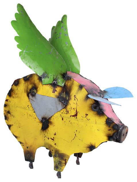 Recycled Metal Flying Pig Rustic Garden Statues And Yard Art Recycled Metal Flying Pig Multi Colored Large