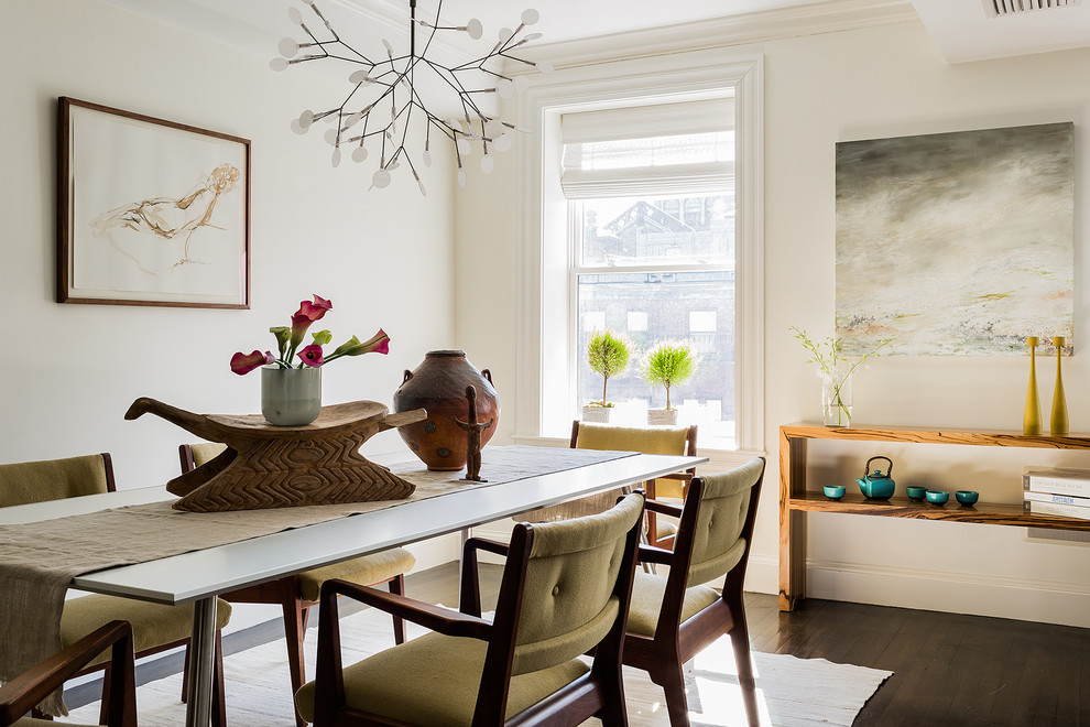 Design ideas for a large transitional open plan dining in Boston with white walls, dark hardwood floors and brown floor.