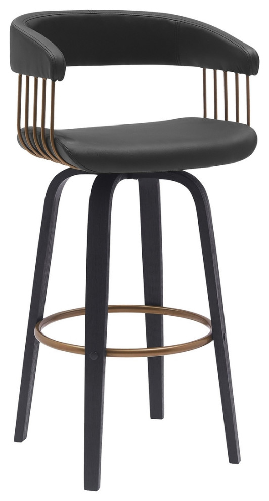 Maya 31 Inch Swivel Barstool Chair Black Faux Leather Bronze Metal