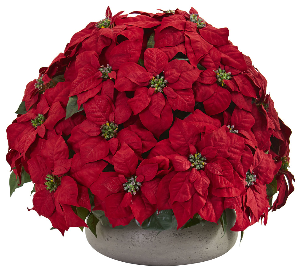 Large Poinsettia Artificial Plant in Stone Planter Contemporary