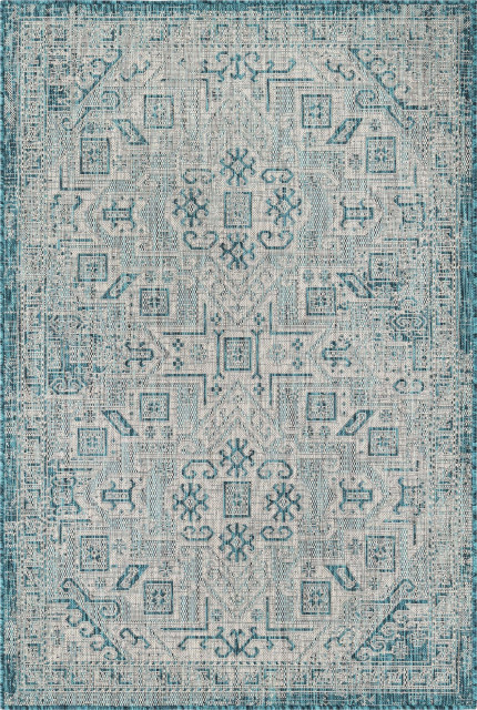 Rug Unique Loom Outdoor Aztec Teal Rectangular 4' 0 x 6' 0 ...